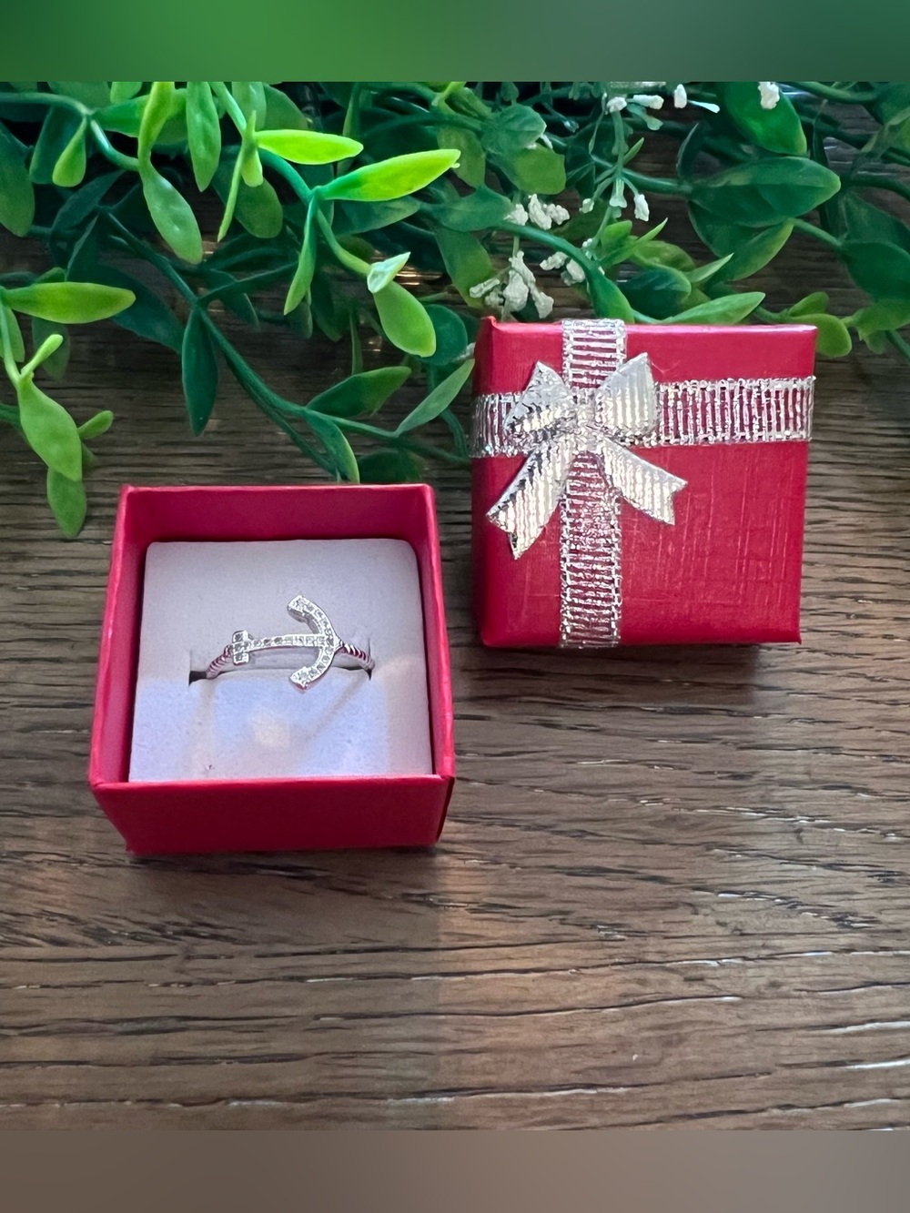 Silver Tone Anchor Ring with Cubic Zirconia Crystals - Elegant Nautical Accent